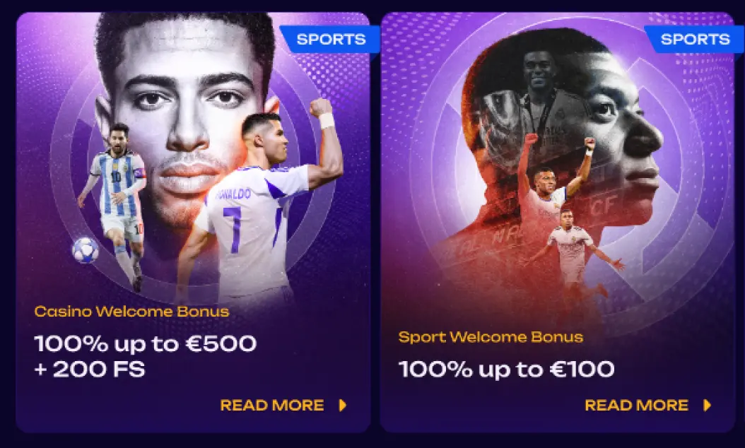 dwa kafelki z promocjami sports, widoczne casino welcome bonus 100% do €500 + 200 fs oraz sport welcome bonus 100% do €100 z przyciskiem read more