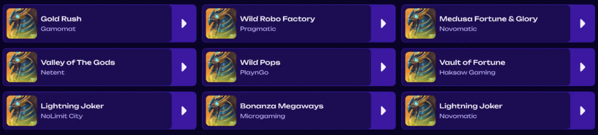 sekcja top z listą polecanych slotów w formie kafelków, widoczne tytuły gold rush, wild robo factory, medusa fortune & glory, valley of the gods, wild pops, vault of fortune, lightning joker i bonanza megaways oraz paginacja po prawej