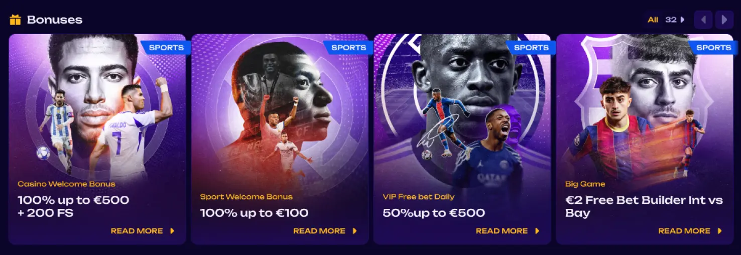 sekcja bonuses z kafelkami ofert sportowych, widoczne promocje welcome bonus i vip free bet daily z kwotami do €500 oraz przyciskiem read more