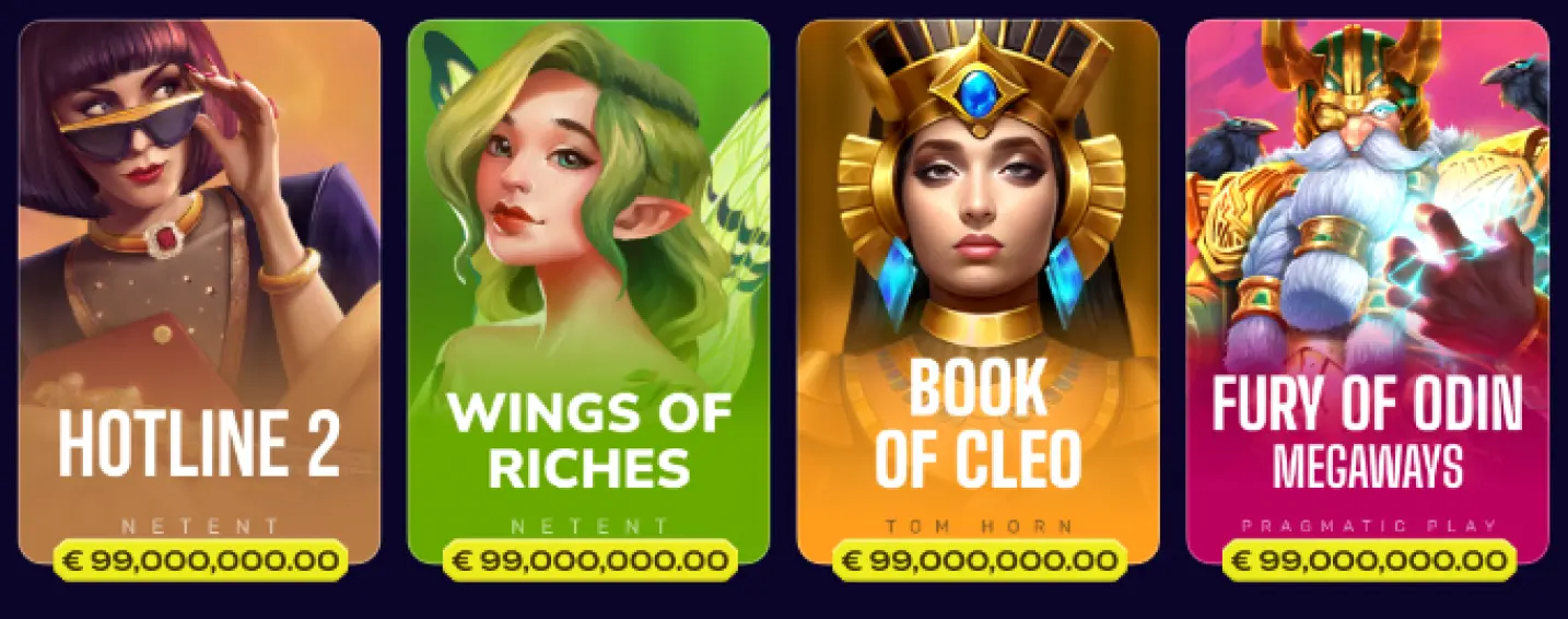 rząd kafelków slotów z tytułami hotline 2, wings of riches, book of cleo oraz fury of odin megaways z widocznymi jackpotami €99 000 000,00 pod każdą grą
