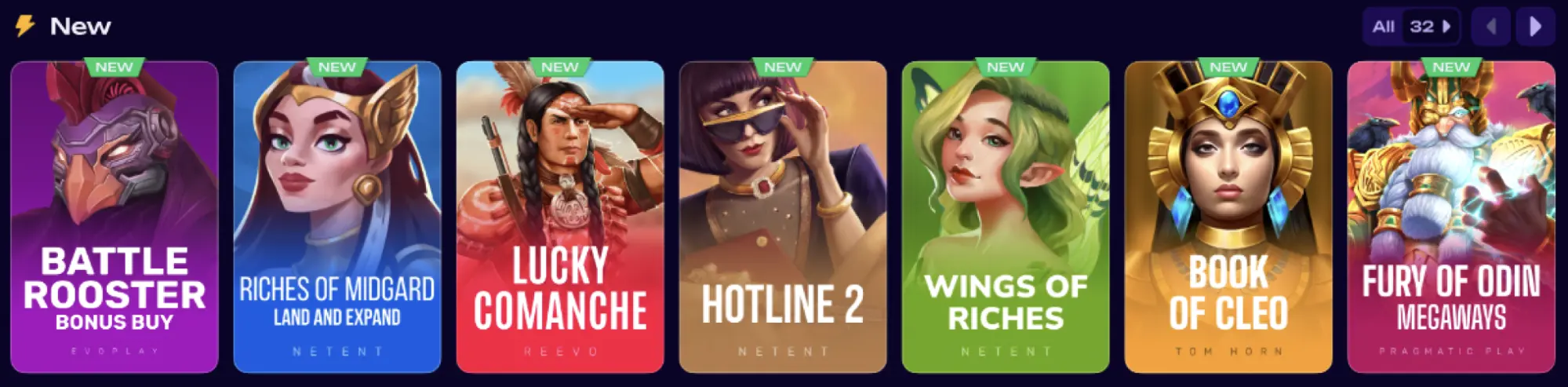 sekcja new z siatką nowych slotów oznaczonych new, widoczne tytuły battle rooster, riches of midgard, lucky comanche, hotline 2, wings of riches, book of cleo oraz fury of odin megaways