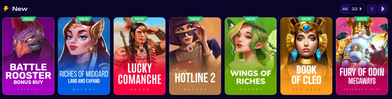 pasek z nowymi slotami w siatce kafelków z oznaczeniem new, widoczne tytuły battle booster, riches of midgard, lucky comanche, hotline 2, wings of riches, book of cleo, fury of odin megaways oraz nawigacja po prawej stronie
