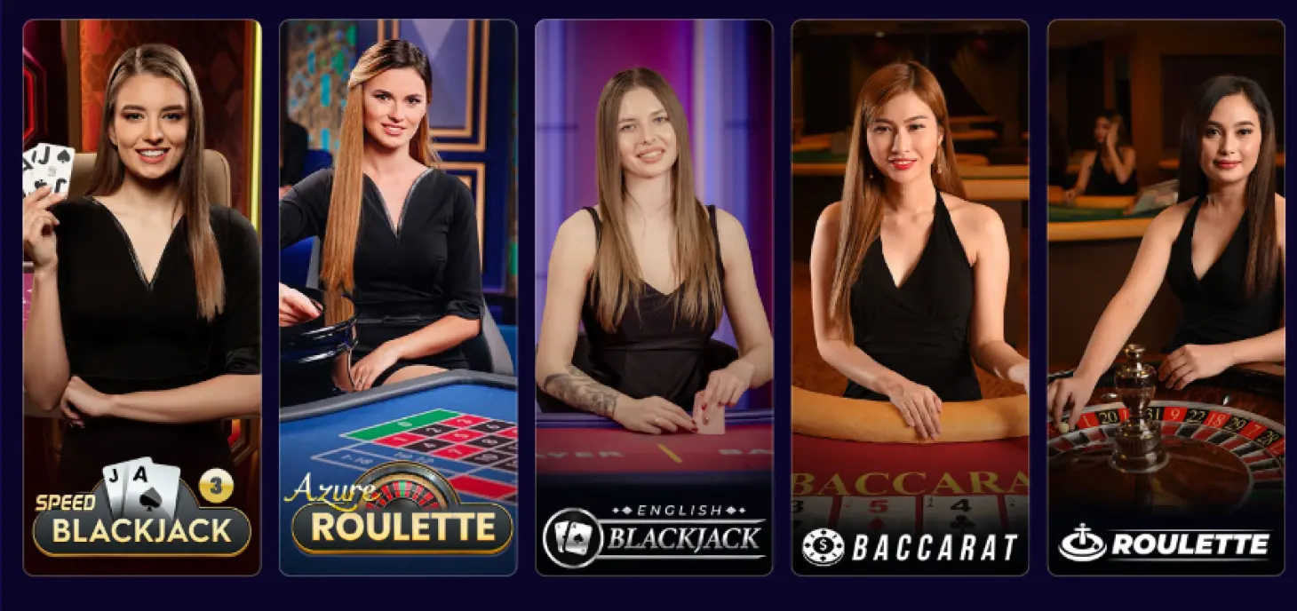 kafelki z grami casino live z krupierkami, widoczne tytuły speed blackjack, azure roulette, english blackjack, baccarat oraz roulette przy stole ruletki