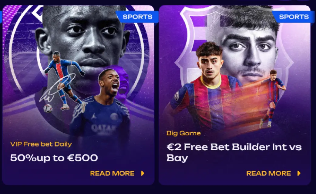 dwa kafelki z promocjami sports, widoczne vip free bet daily 50% do €500 oraz oferta big game €2 free bet builder int vs bay z przyciskiem read more